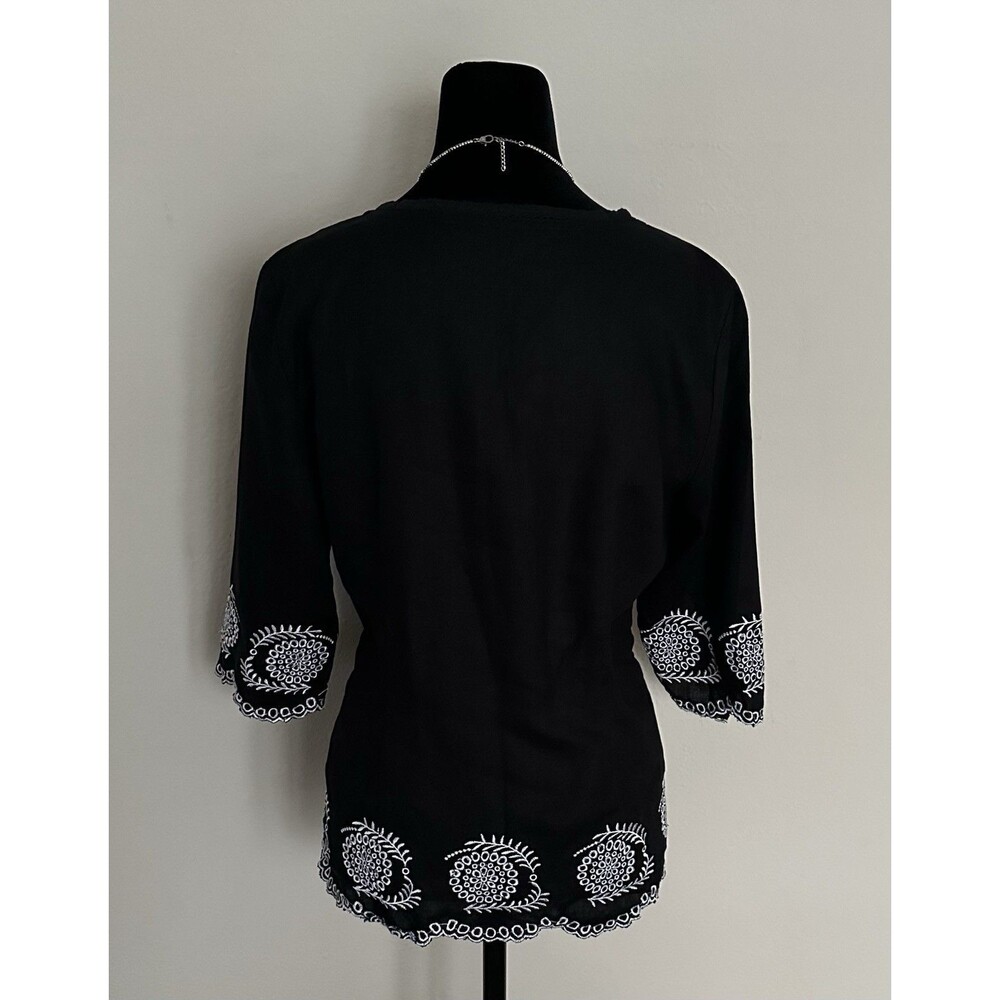 Ecologie Black 100% Linen Blouse, Size M, with White Embroidery and 3/4 Sleeve - Picture 3 of 13